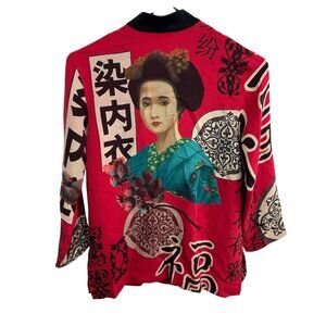 Chicos Design Red Silk Jacket Kimono Asian Inspired Geisha Button Closures Sz S